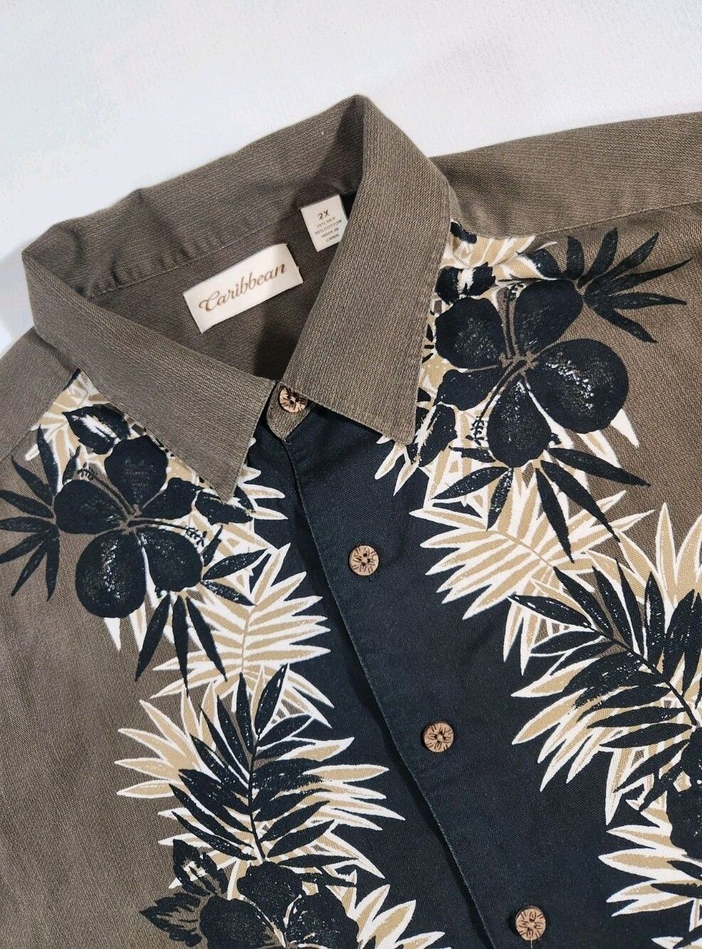 Caribbean Mens 2XL Hawaiian Shirt Silk Blend Brown/Black/Tan Short Sleeve Floral